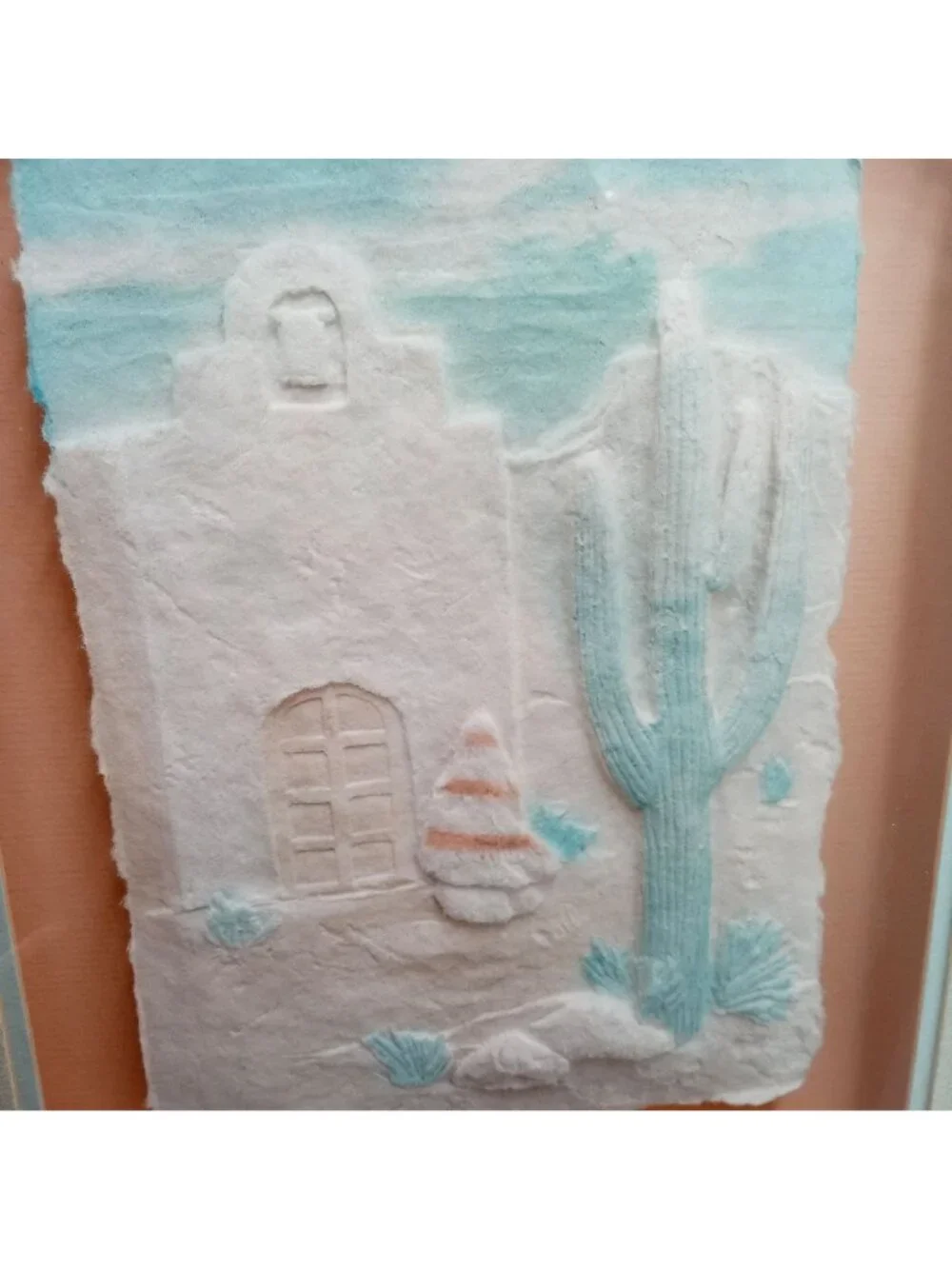 Vintage Southwest Cactus Wall Art Paper Mache Cast Framed Sculpture 1980s Pastel